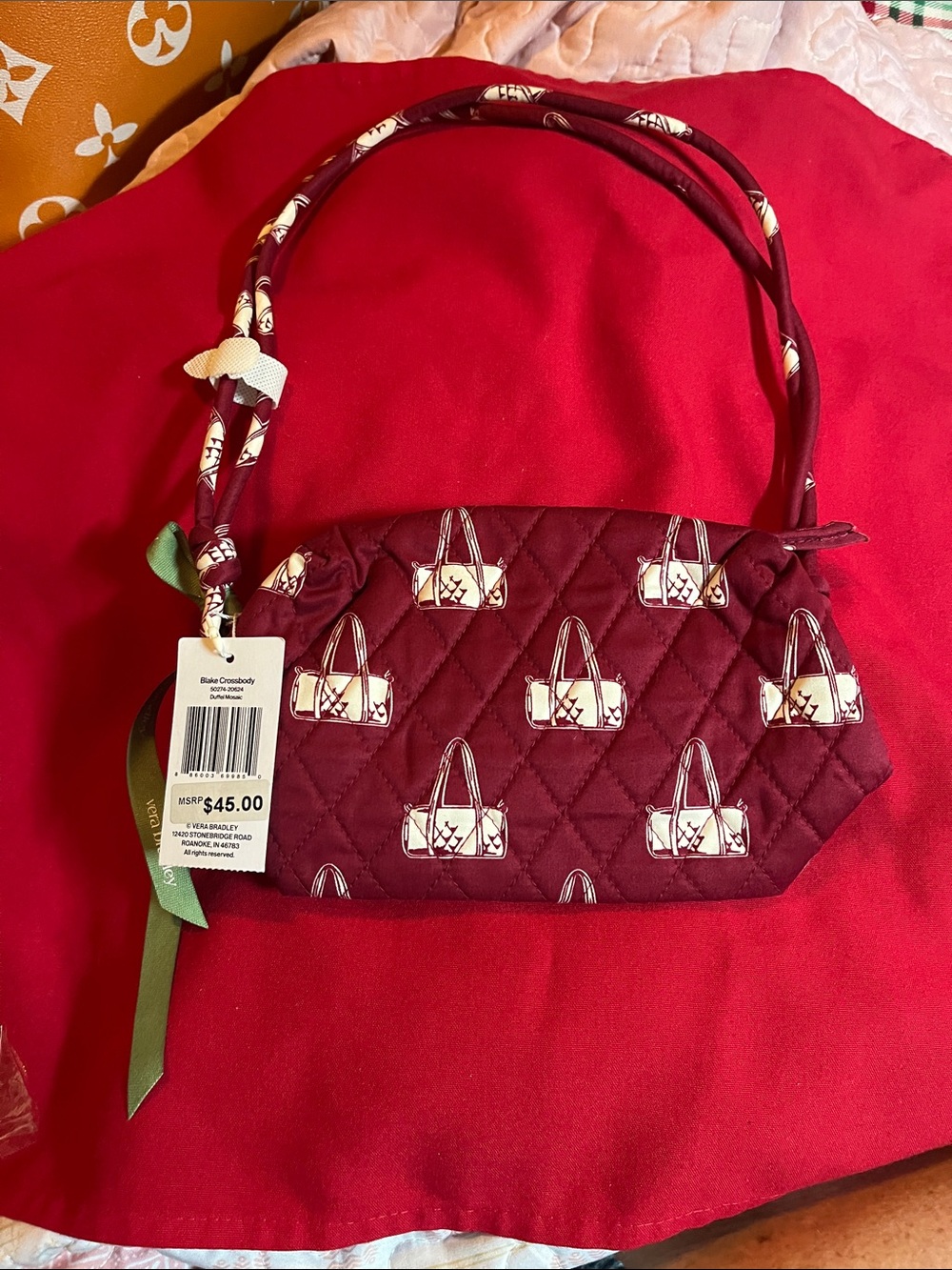 Vera Bradley Quilted Maroon Shoulder Bag with White Tote Print